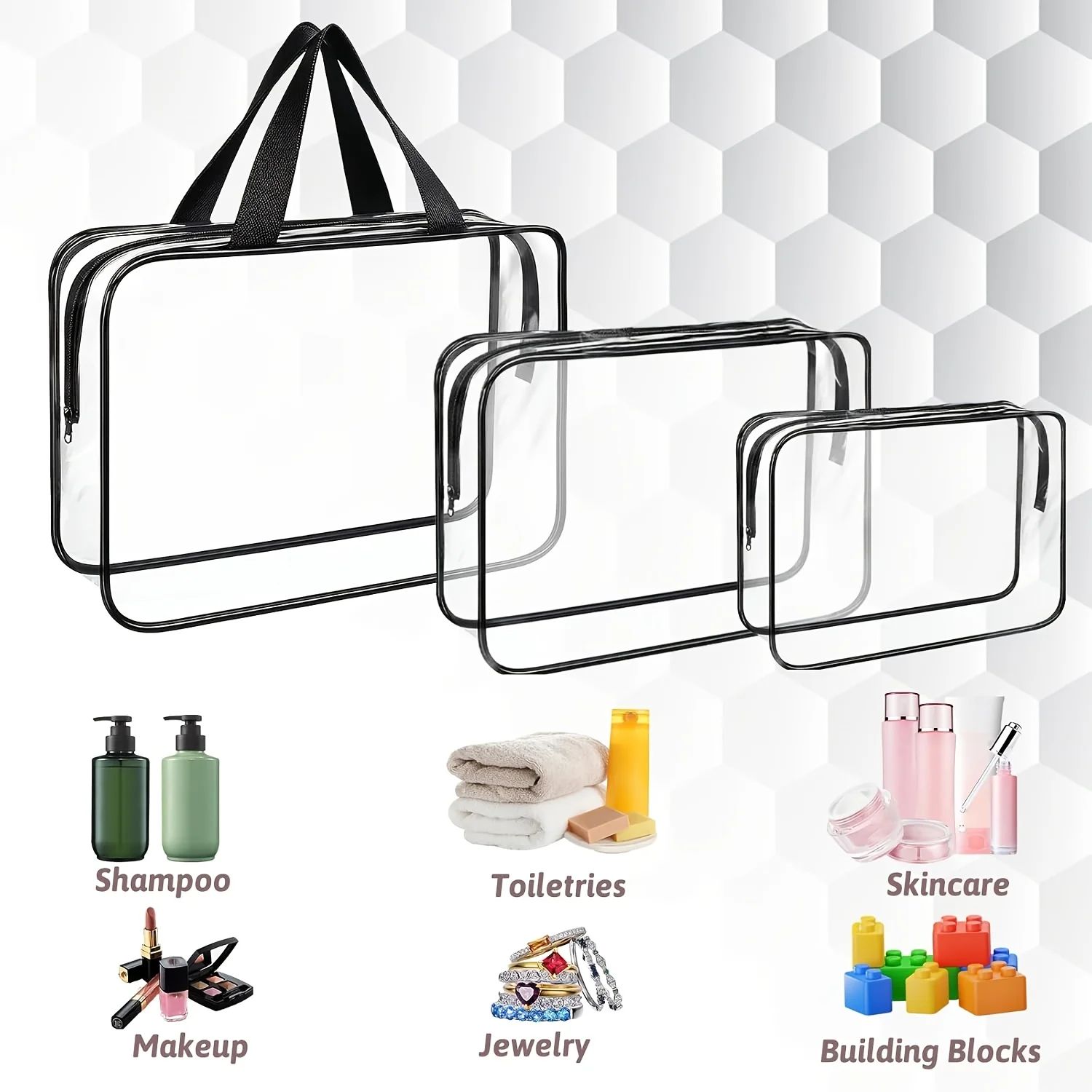 9/10 Pcs Transparent PVC Makeup Organizer Bags with Carry Handles Reusable Zipper Clear Pouches Multifunctional Storage Bags for Travel Toiletries Beach Supplies Home Toys Sundries Storage view 4