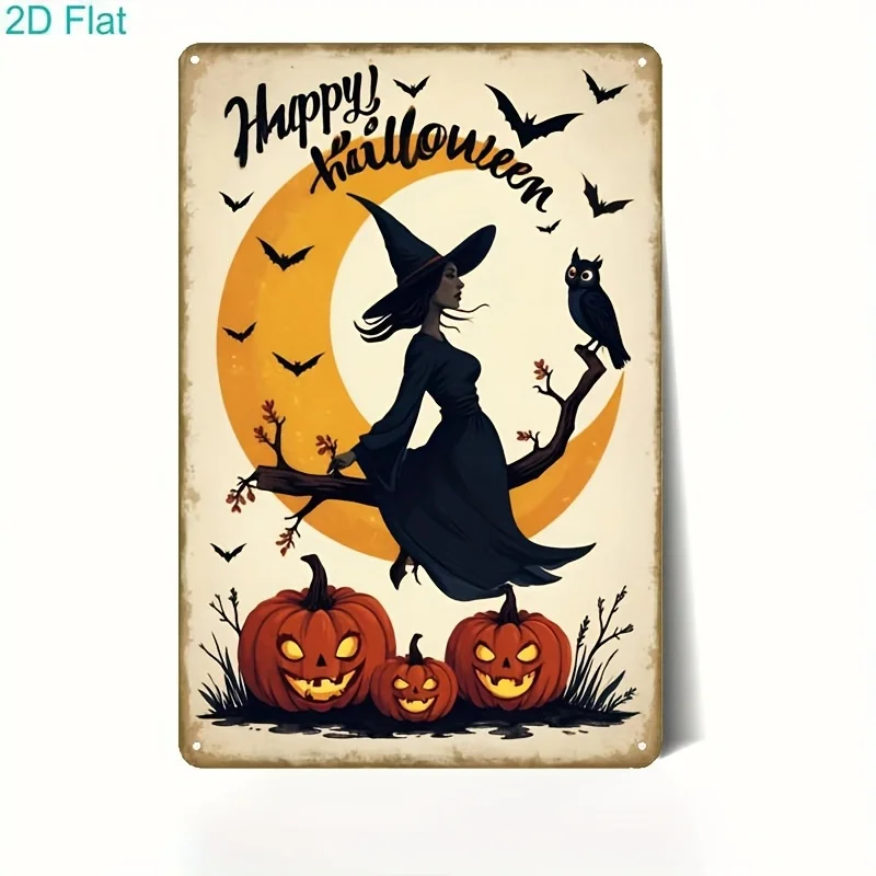 Retro Metal Iron Happy Halloween Witch & Pumpkin Wall Sign -    Black & Golden Witch on Broomstick with Bats, Jack-O'-Lanterns