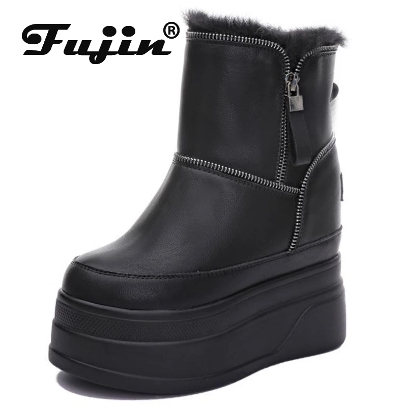 Fujin 12cm Winter Platform Wedge Boots High Heels Plush Moccasins Spring Autumn Women Shoes Booties Genuine Leather Ankle Snow