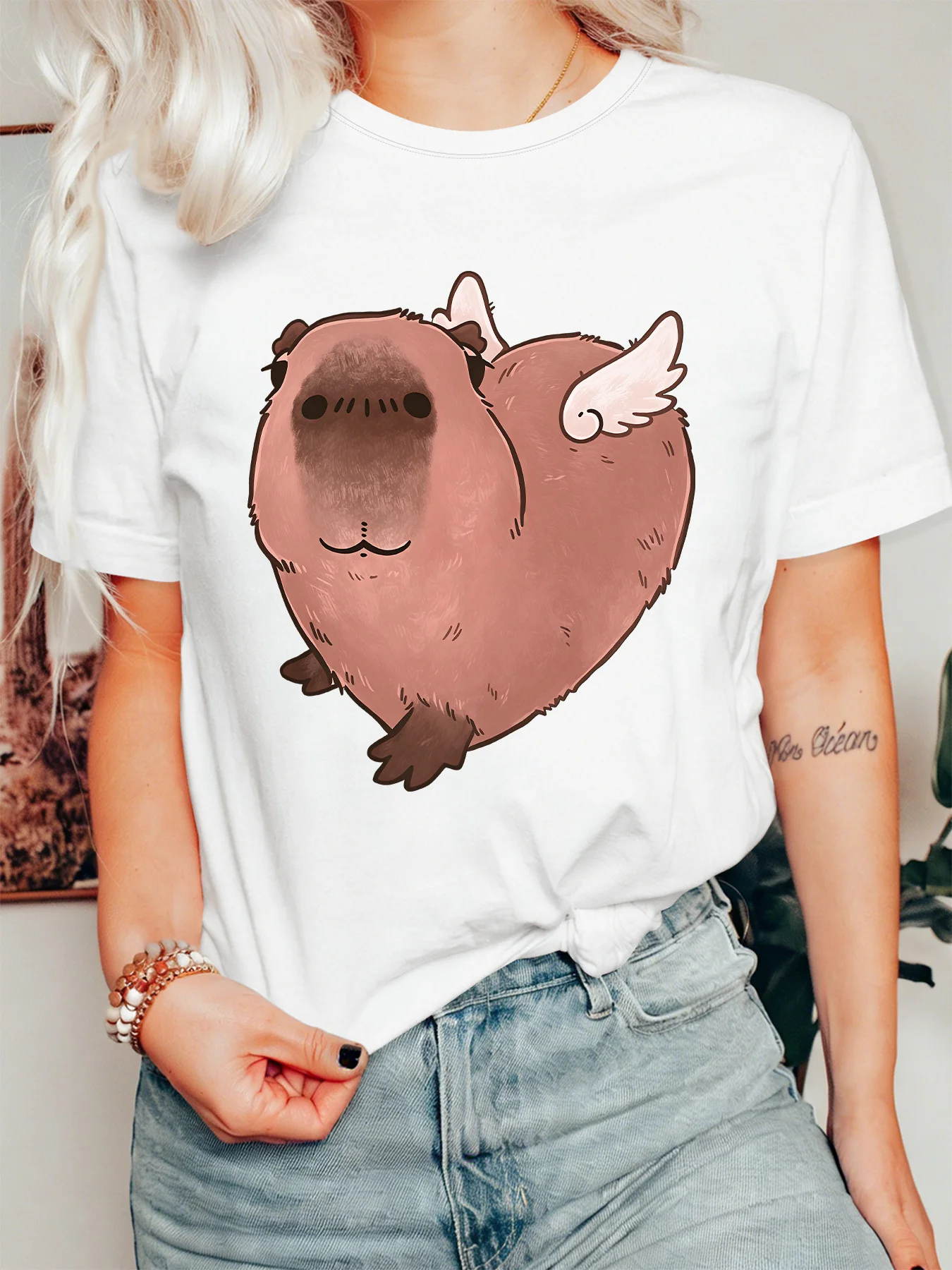 Angel Wing Heart Capybara Womens T Shirt Lovely Fantasy Cute Animal Cartoon Graphic Tee Short Sleeve Casual Daily Ladies Tops