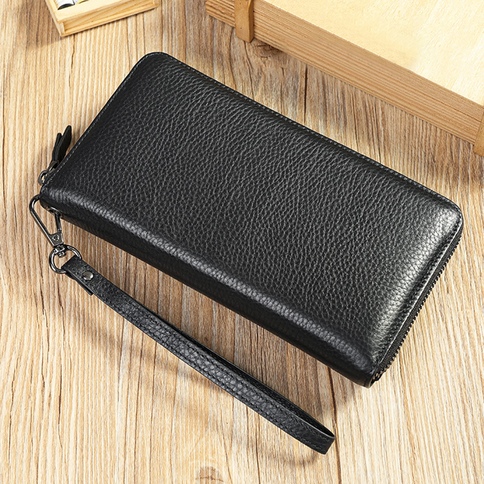 Cowhide Leather Long Bifold Wallet 12 Card Slots Zip Around Clutch with Zipper Wallet Personalized Gifts for Dad Husband