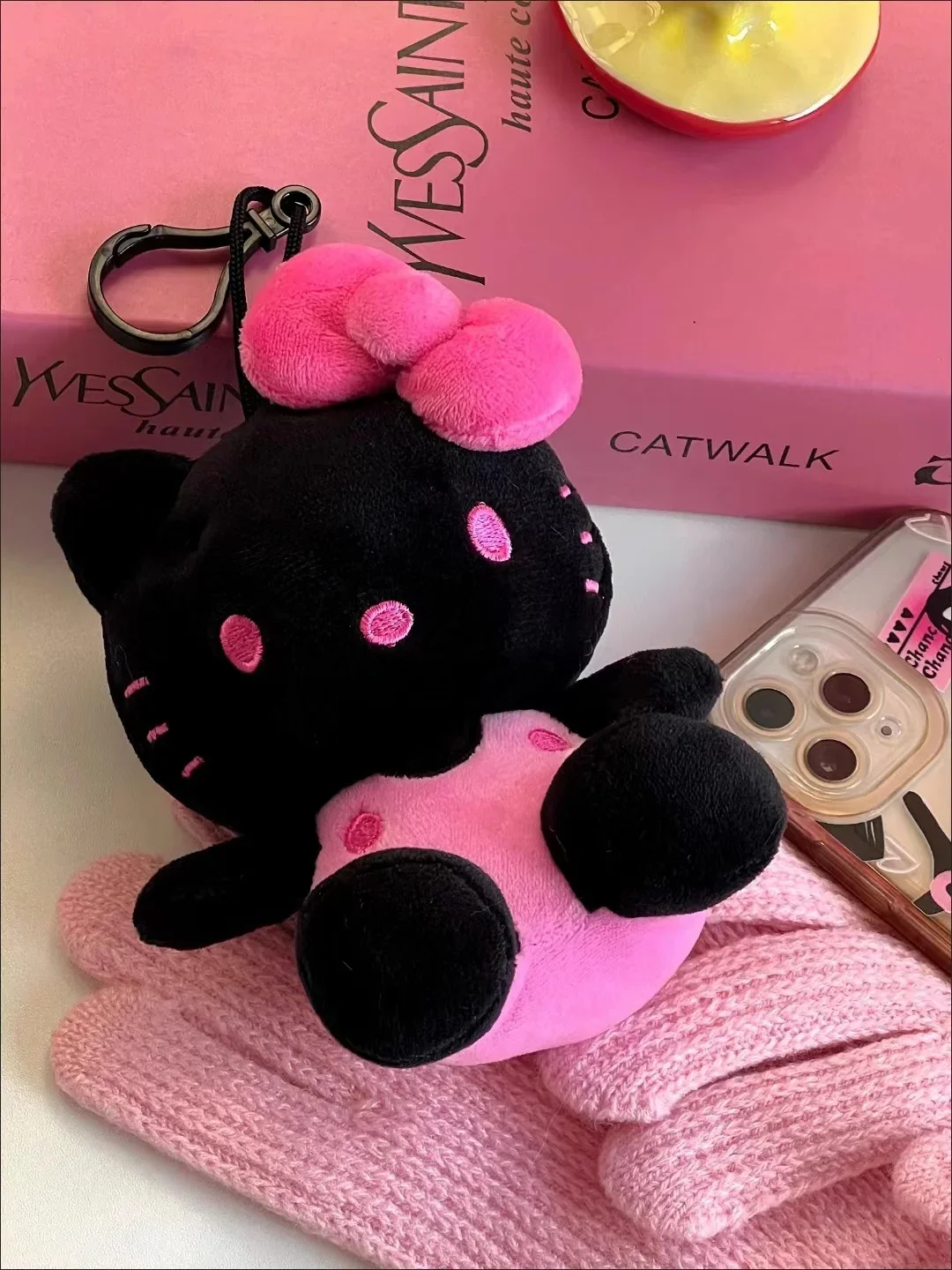 

Kawaii Plush Bag Pendant Cute Hello Kitty Black Skin Kt Cat Bow Keychain Yk2 Stuffed Doll Keyring Children Toys Christmas Gift