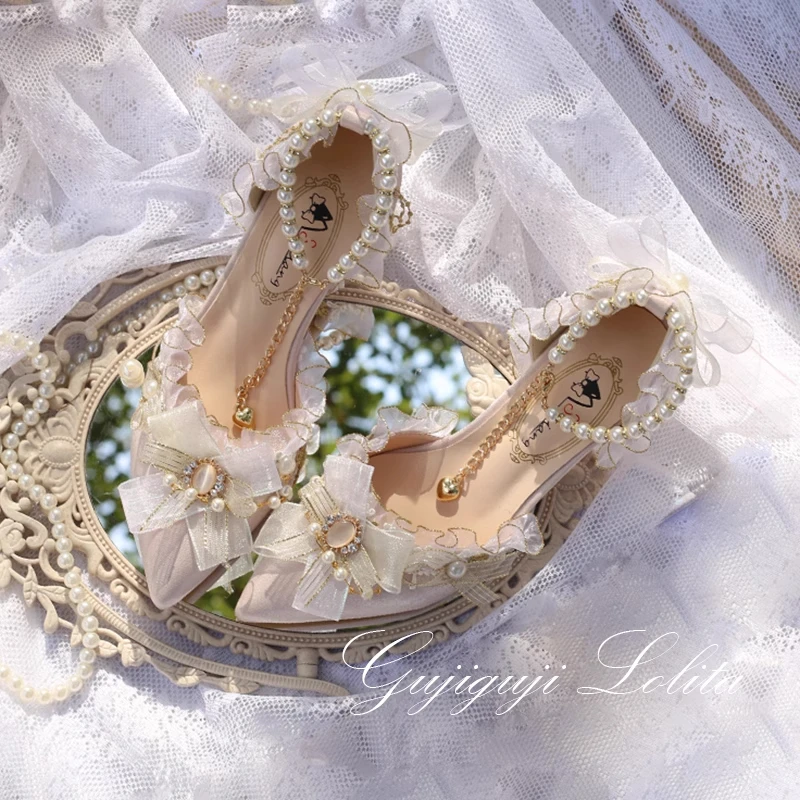 

Туфли-лодочки ручной работы Flora Lolita, элегантные французские атласные туфли на высоком каблуке с острым носком, японские милые туфли Loli для чаепития