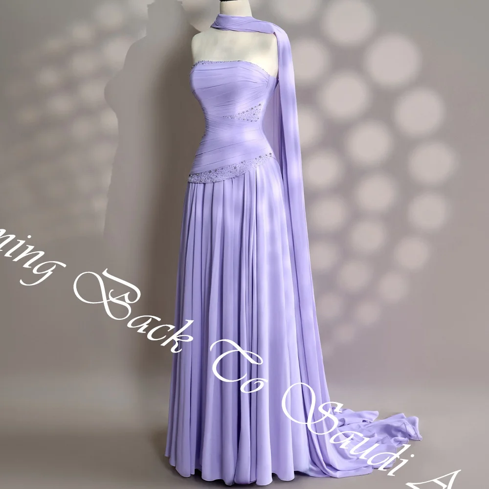 Customized  Romantic Lavender Chiffon Sequined and Crystal Evening Dress A-Line Watteau Train Strapless Saudi Arabia P