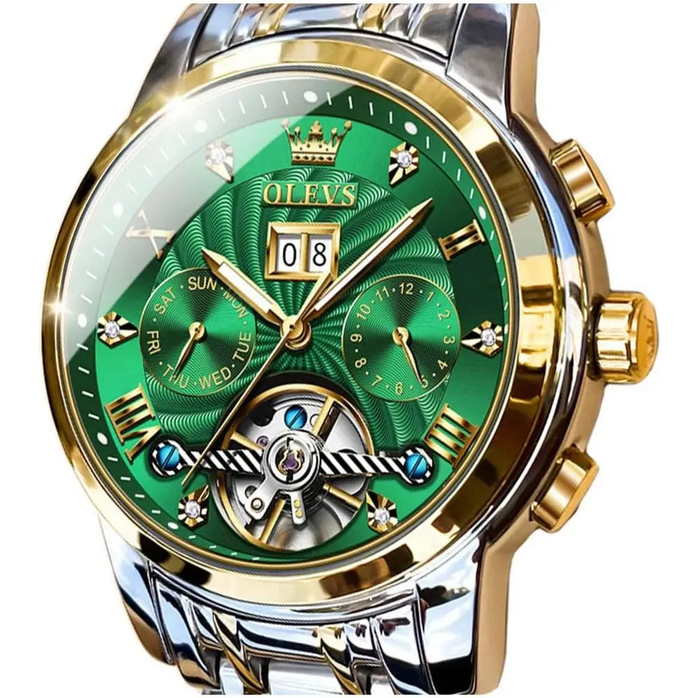 

Мужские автоматические часы OLEVS Skeleton с 5 стрелками, механические, классические, люксовые, с многофункциональным календарем, из нержавеющей стали, водонепроницаемые, наручные часы для мужчин