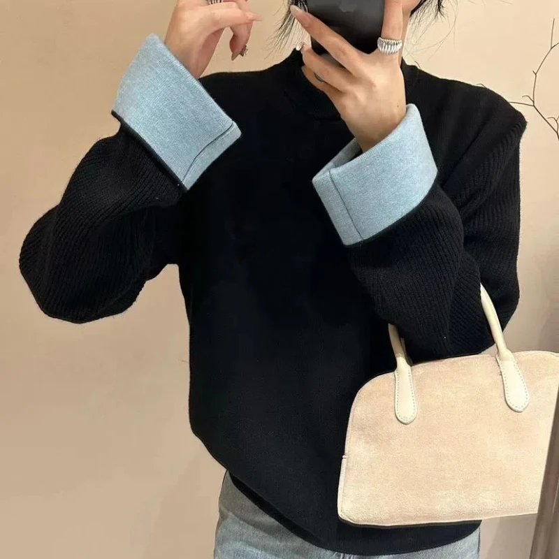 

Design Sense Contrasting Color Knitted Sweater Korean Version New Women's Clothing Lazy Style Loose Base Shirt Trendy and Meat