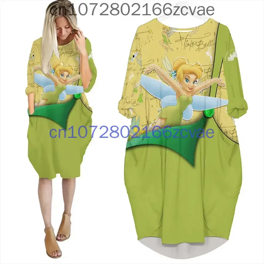 New Tinker Bell Women\'s Batwing Pocket Dress Disney 3D Printed Oversize Fashion Street Girls Pullover Long sleeved Dress