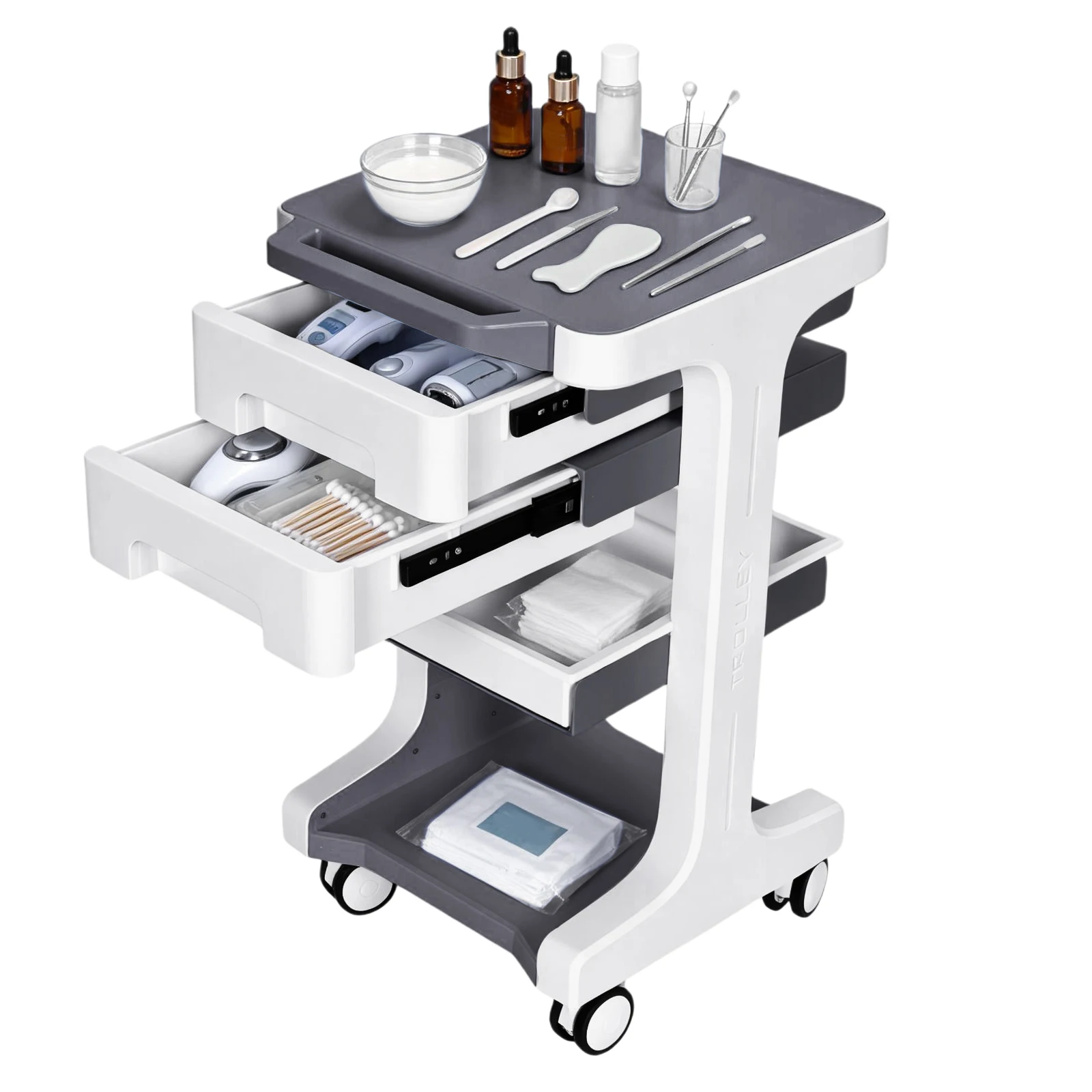 Carrello Medico a 3 Ripiani con 2 Cassetti, Carrello per Laboratorio e Ecografia, Capacità Massima 110 LBS, per Ospedali, Cliniche, Saloni di Bellezza, SPA, Uffici