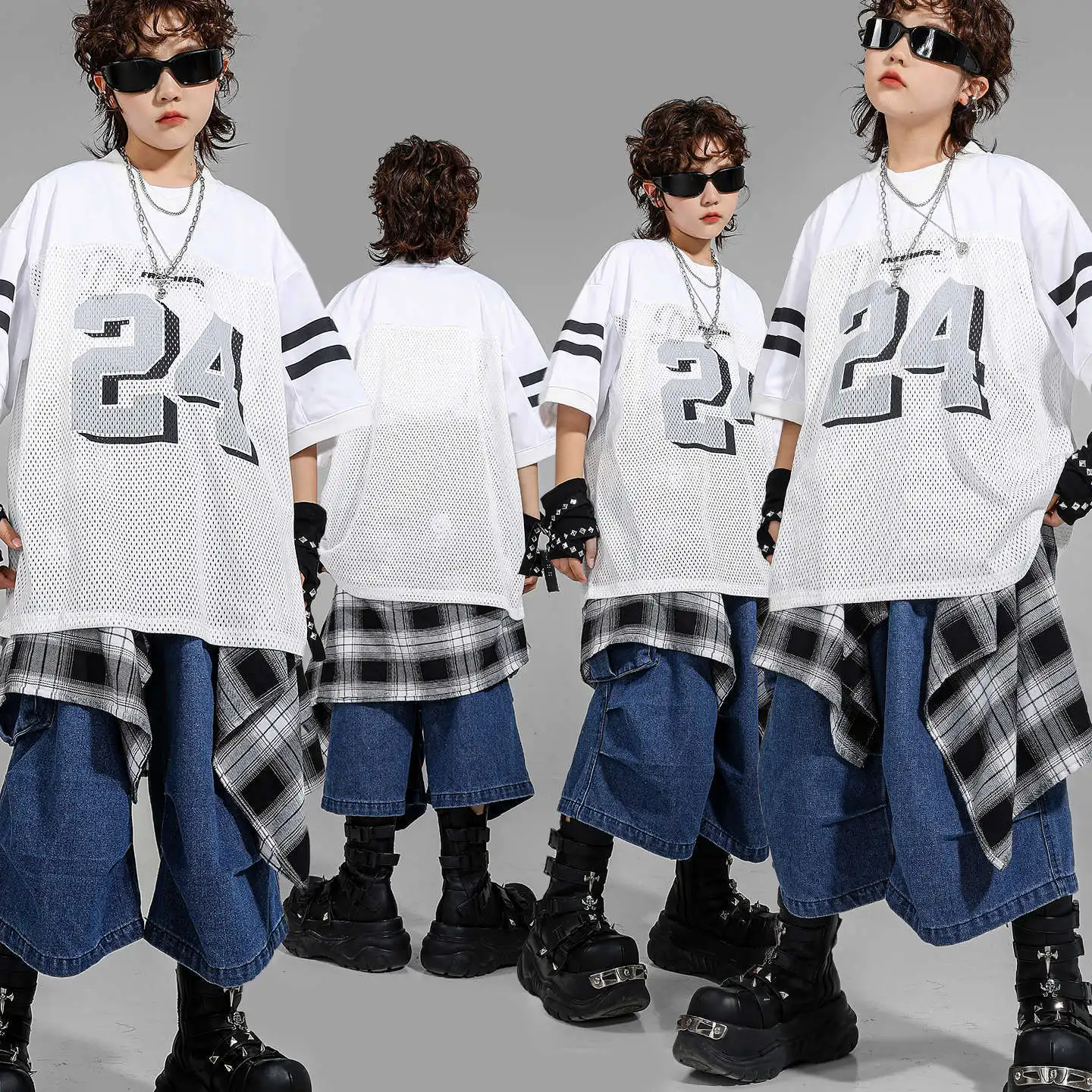 

Kid Hip Hop Clothing White V Neck Net T Shirt Denim Blue Parachute Cargo Jeans Shorts for Girl Boy Jazz Dance Costumes Clothes