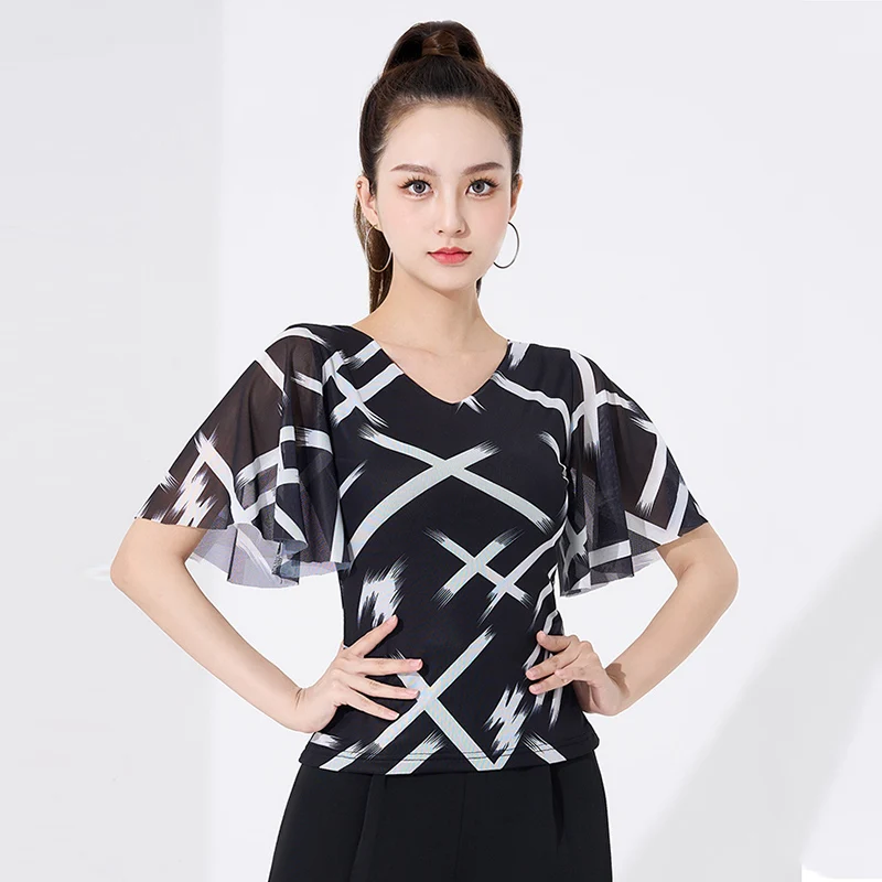 

Latin Dance Clothes Adult Women Tango Ballroom Performance Costume Flare Sleeve Tops Summer ChaCha Rumba Dancewear DL10575