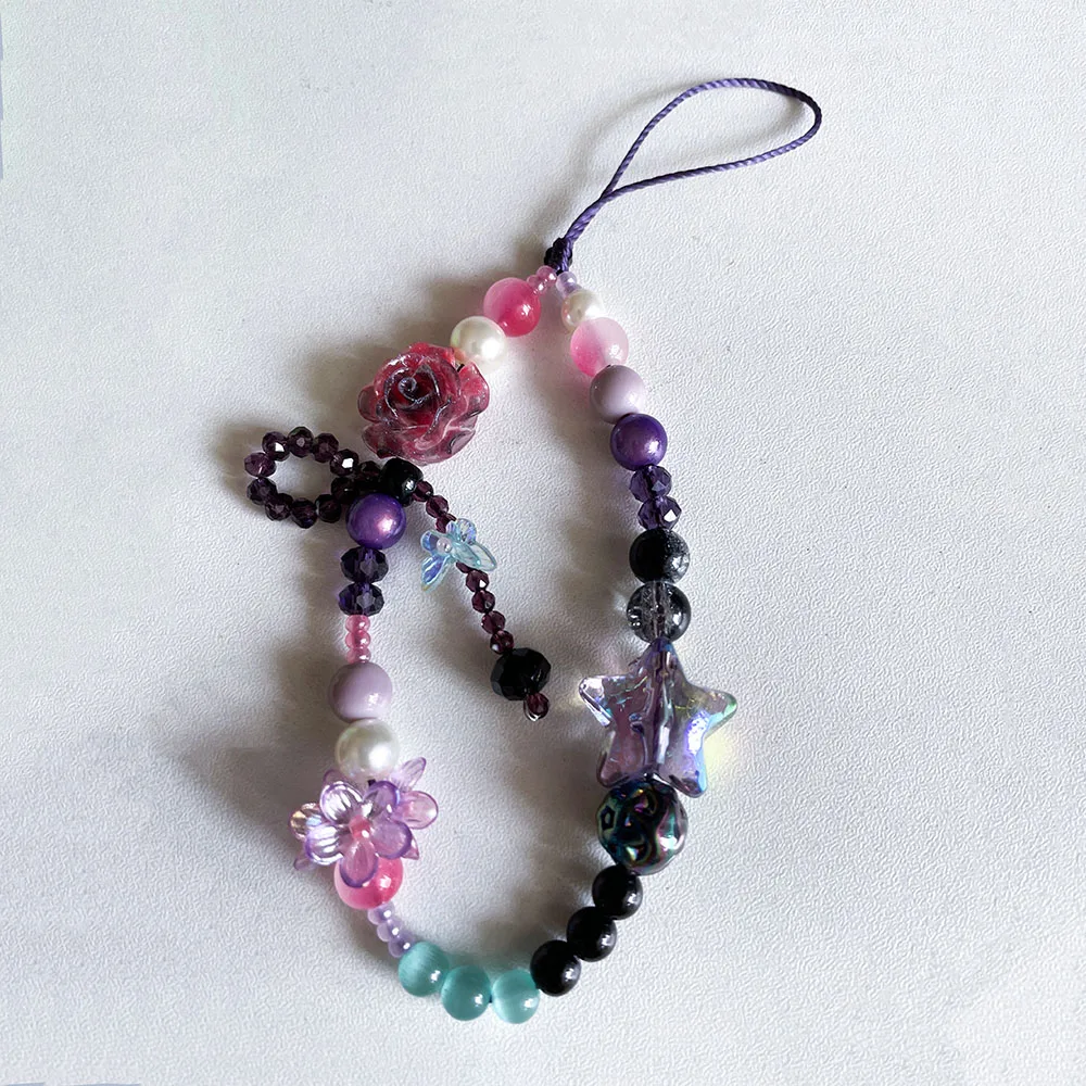 Red Rose Flower Phone Charm Strap Resin Butterfly Purple Black Star Beads Keychian Bag Camera Decor Jewelry for Women Girl Gift