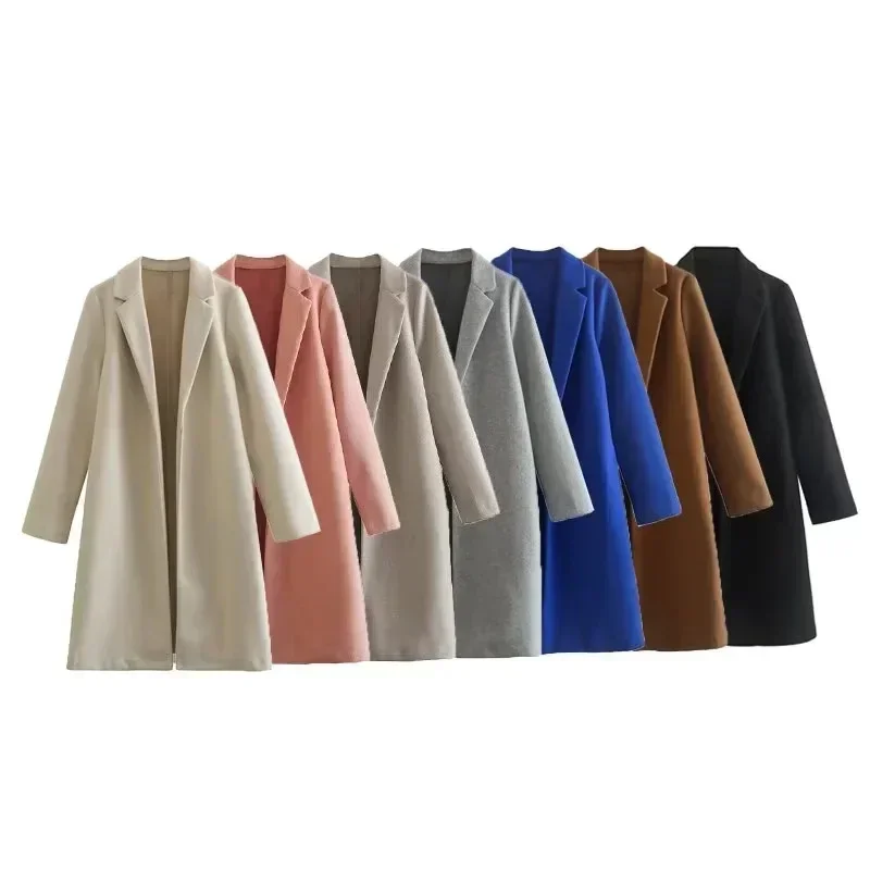 2023 Women Multicolor Woolen Lapel Long Coats Fashion Vintage Long Sleeve Autumn Winter Loose Overcoat Warm Tops