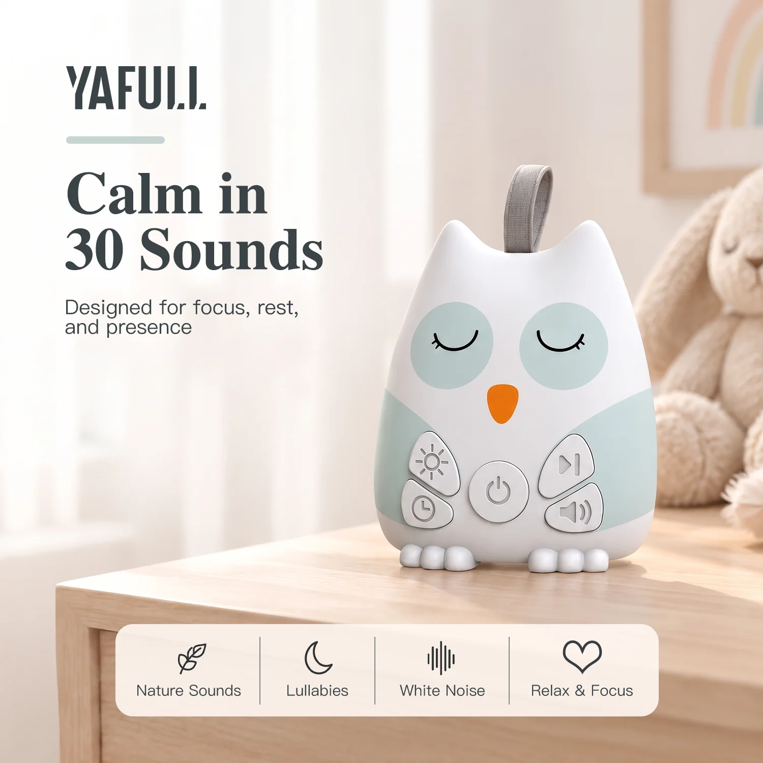 YAFULL Owl White Noise Machine Baby Sleep Aids and Soothers Hangable Portable Rechargeable 30 Sounds Timer for Nursery Travel