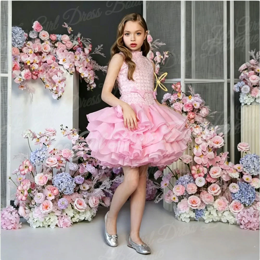 Customized Pink Flower Girl Dress High Neck Sleeveless Bow Ruffles Tulle Party Gown for Kids Birthday First Holy Communion