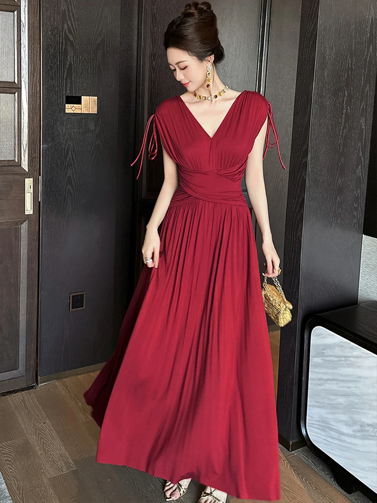 French Celebrity Engagement Dresses Women Elegant Elastic Folds Backless Corset Waist Pleated Robe Female Wedding Party Vestidos