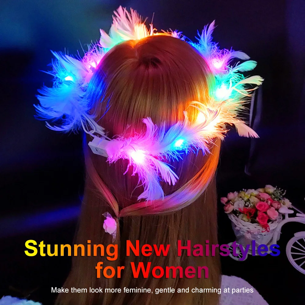 1pc Glow Headband Sparkly Hair Hoop Headpiece Head LED Light Feather Wreath Angel Garland for Wedding Birthday Party