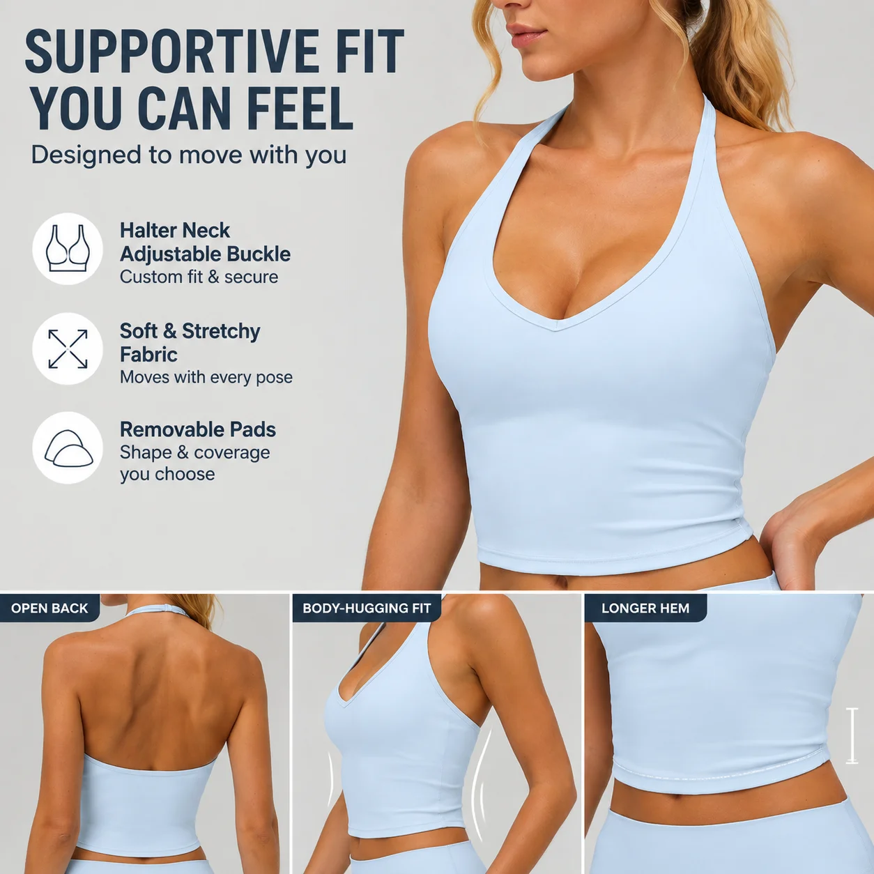 Women's Halter V-Neck Longline Sports Bra, Open Back Gym Crop Top, Soft Stretch Workout Yoga Vest with Adjustable Strap