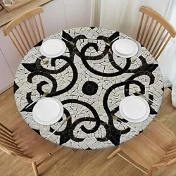 Natural Stone Mosaic Round Tablecloth Elastic Fitted Waterproof Table Covers for Indoor and Outdoor Kitchen Table Decorations