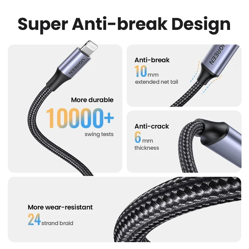 UGREEN MFi USB Type C to Lightning Spring Cable For Apple iPhone 14 13 12 ipad Car USB Cable PD Fast Charging data 1.2m Braided