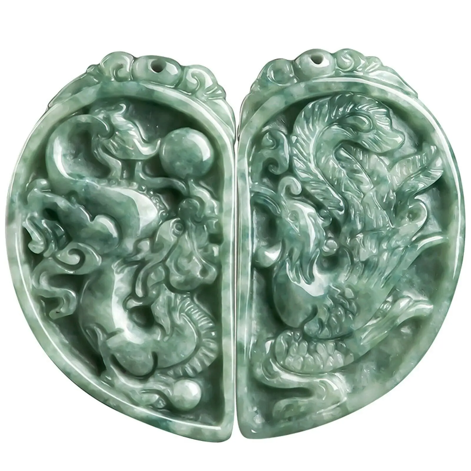 Natural Grade A Jade Jadeite Couple Green Dragon Phoenix Half Circle Pendant