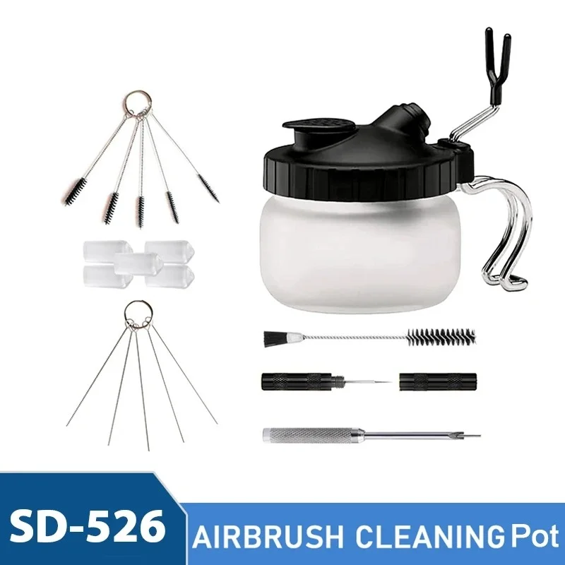 Airbrush Cleaning Kit Clean Pot Jar with Holder and Cleaning Brushes/Needles Double–Ended Brush AirBrush Protection Covers