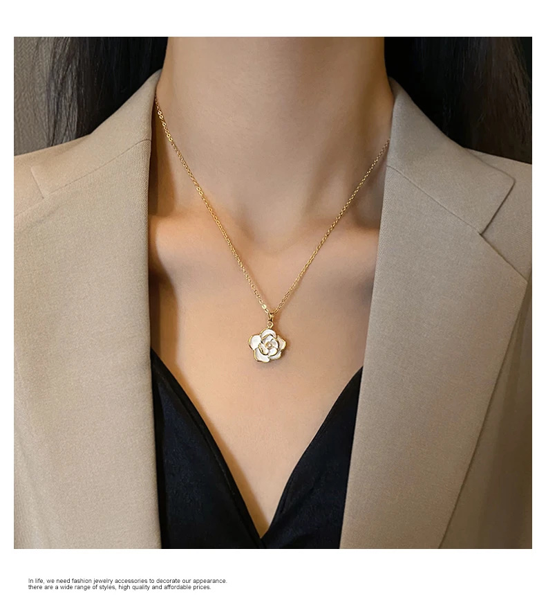 Französische romantische elegante weiße Emaille-Kamel-Kamel-Blumen-Anhänger-Halskette 2025, Damen-Modeschmuck, Luxus-Accessoires für Mädchen – Detail 4