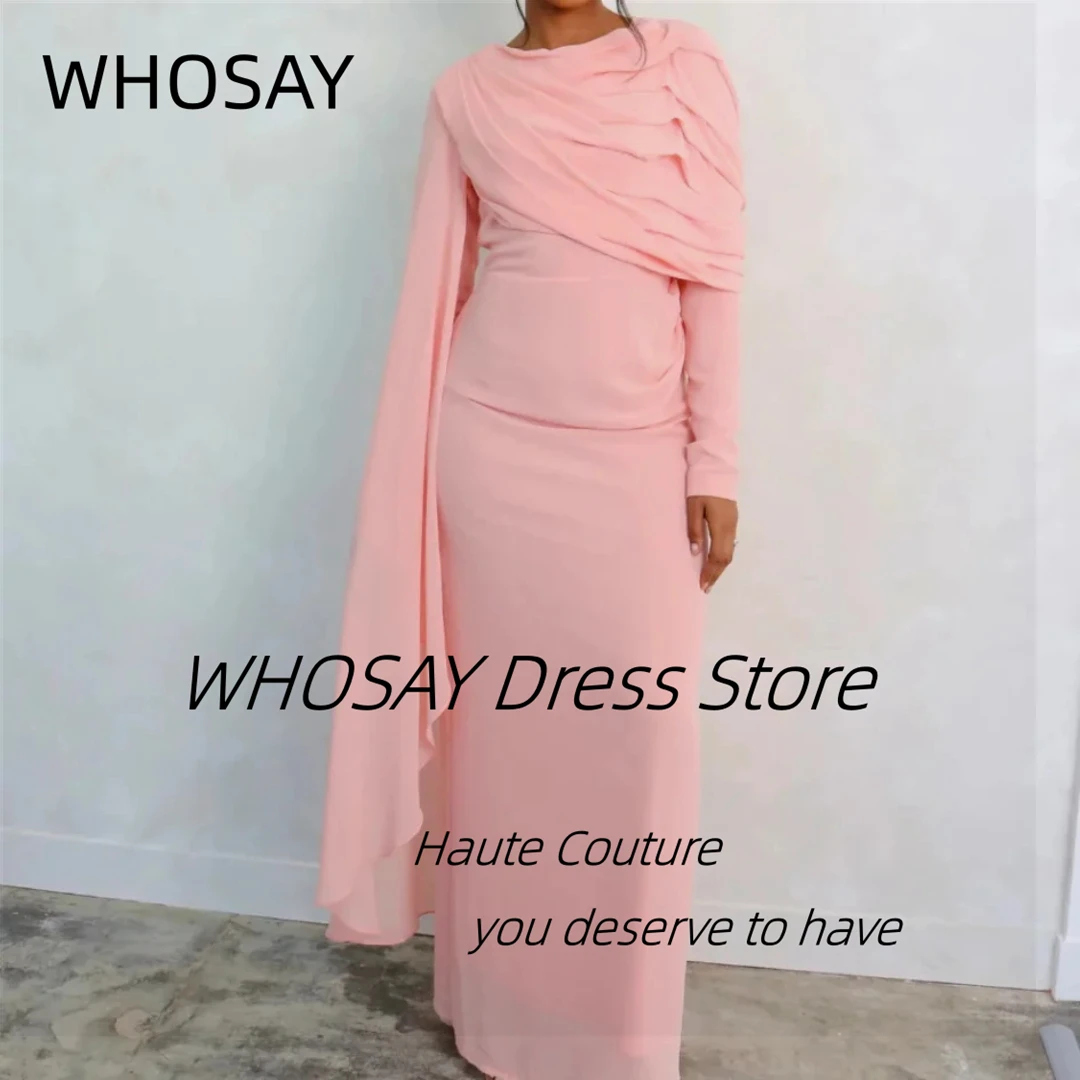 WHOSAY-vestidos de noche personalizados con cuello redondo, chales fruncidos, vestido de fiesta de manga larga con cremallera en la espalda, vestido especial para banquete saudí para mujer