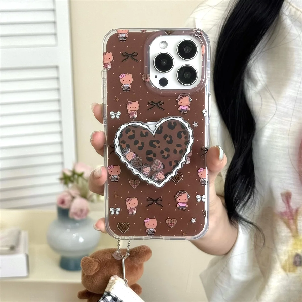 

Korean Brown Cute Hellokitty Phone Case For iPhone 16 Pro 15 14 Pro Max Cover with Love Stand Holder Shockproof Cases