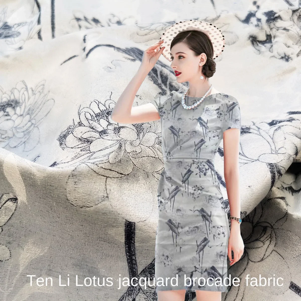 Yarn Dyed Jacquard Brocade Fabric Chinoiserie Lotus Pond Moonlight Hanfu Dress Clothing Designer for Diy Sewing Material Cloth