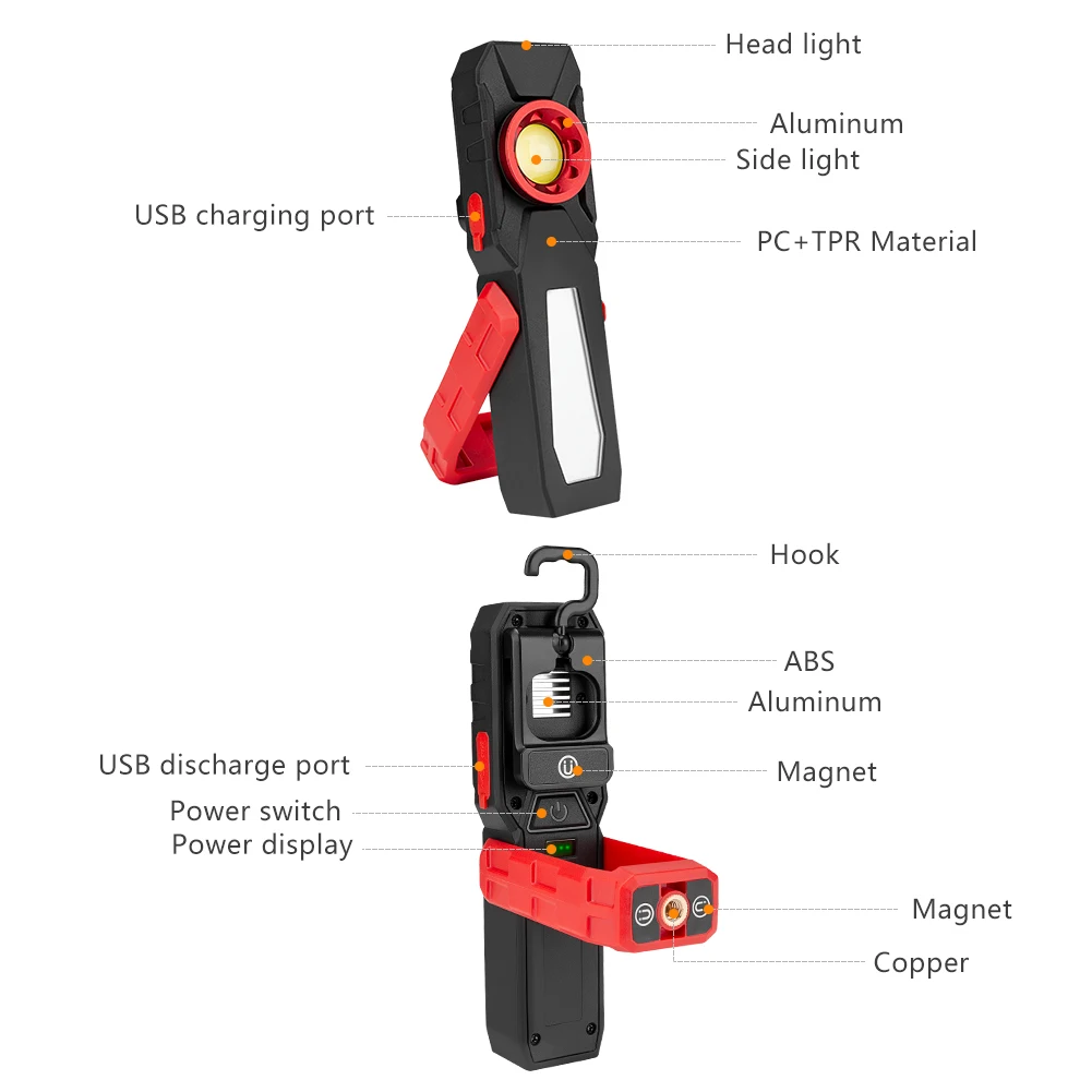 COB LED Work Light USB Charging Flashlight Inspection Lamp Handy Torch Magnetic Portable Lantern With Hook Power Bank Function