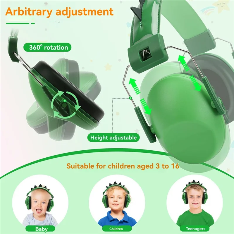 ABGI-Green Dinosaur Ears Kids Earmuffs Adjustable Anti-Noise Hearing Protector For Children Study & Sleep Noise Cancelling