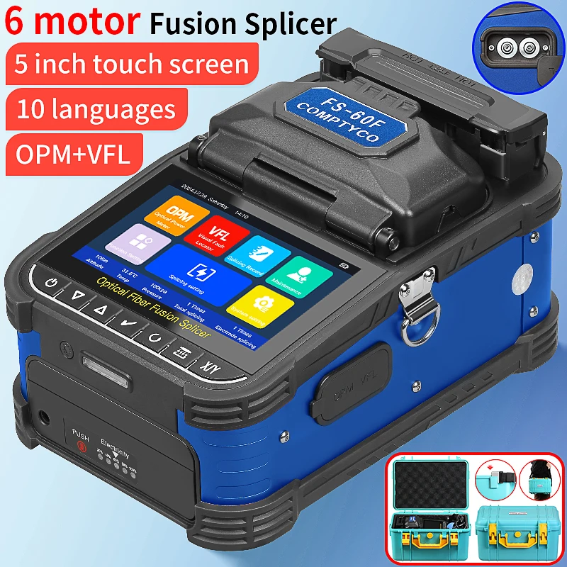 FS-60F Optical Fiber Fusion Splicer 6 Motors FTTH Fiber Optic Core Welding Machine Multilingual Touch Screen Built-in VFL OPM