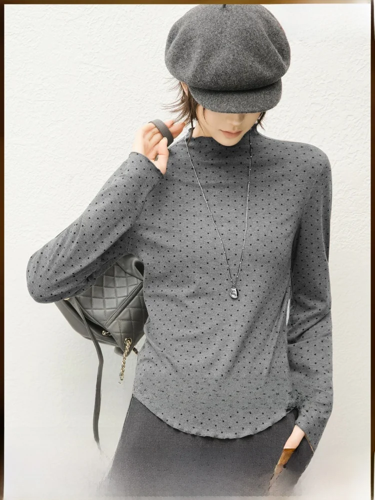 

MeiYang Polka Dot Slim Fit Elastic T-Shirt Vintage Playful Wood Grain Casual Long Sleeve round Neck Short Length