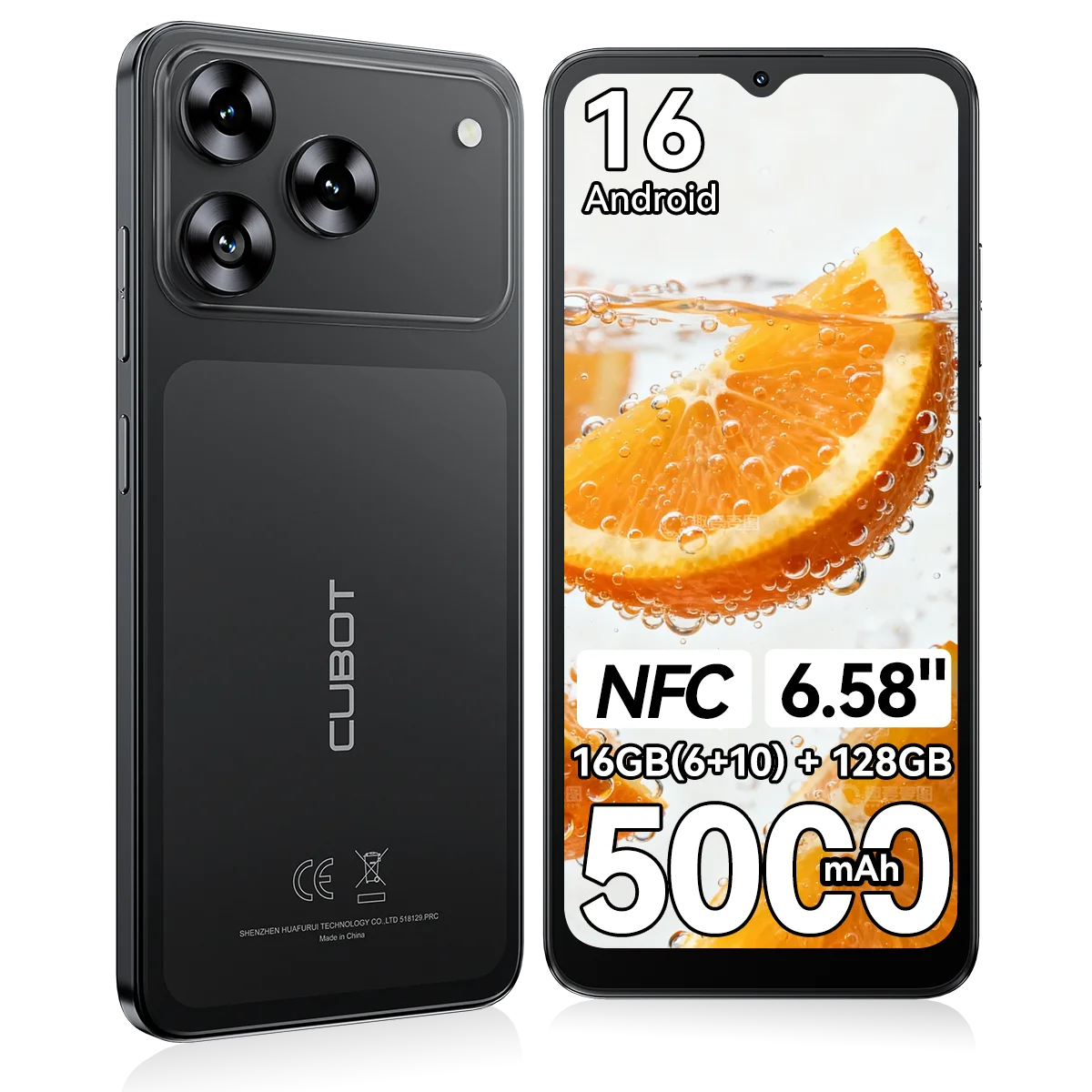 Smartphone Cubot A50, Android, 16 GB (6+10) di RAM + 128 GB di ROM, schermo FHD+ da 6,58" con risoluzione 1080*2408 e frequenza di aggiornamento di 60 Hz, batteria da 5000 mAh, fotocamera da 48 MP +