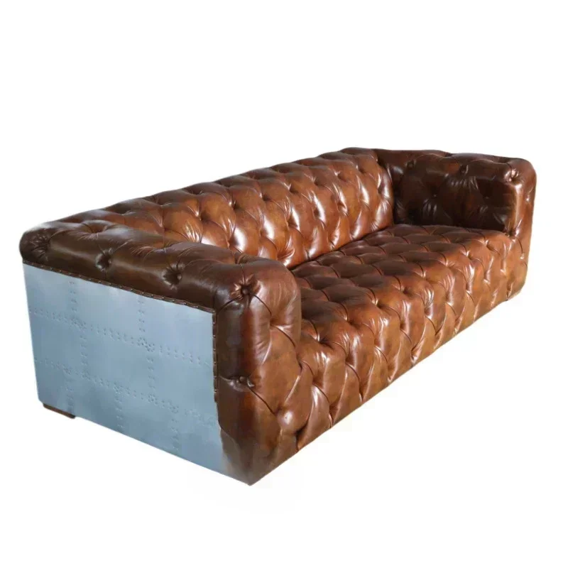 Industrial wind pull-up sofa first layer cowhide metal aluminum sheet 3-person large sofa