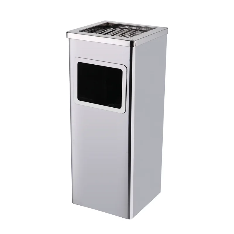 Stainless Steel Standing Hotel Lobby Trash Bin With Rolling Cover And Ashtray Top