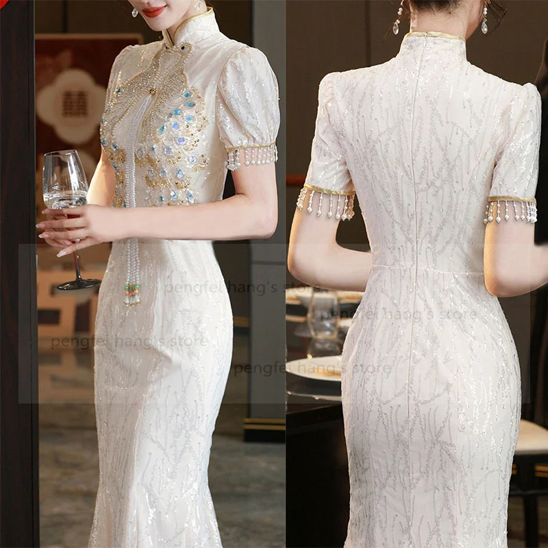 

Big Size 3Xl 4Xl 5Xl Qipao Luxury Phoenix Sequins Banquet Dress Women Sexy Mermaid Improved Chesongam Elegant Hostess Dress