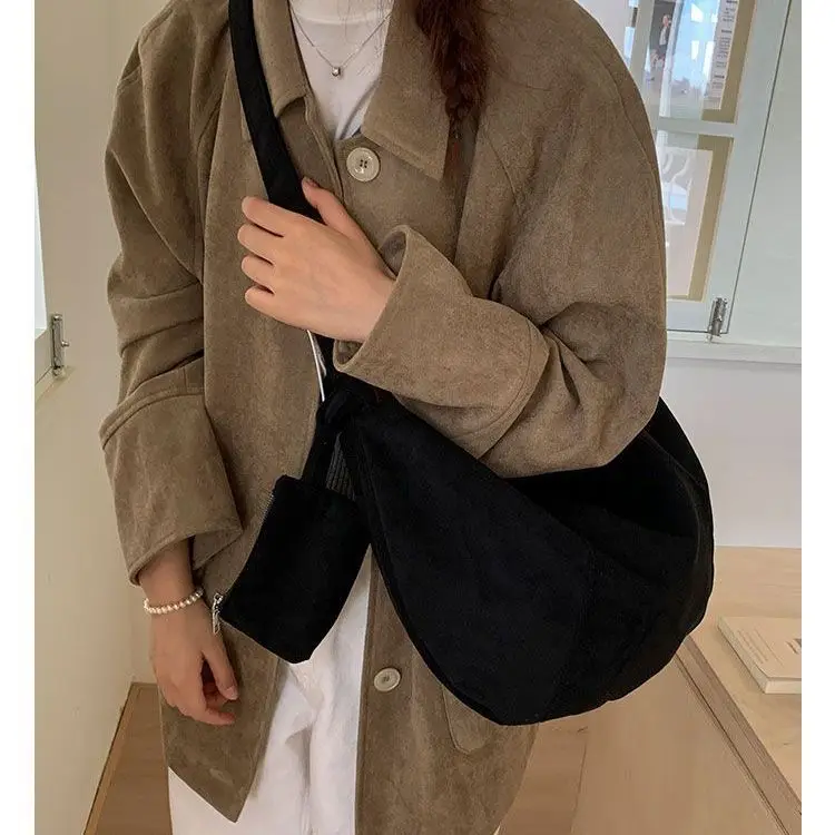 

Autumn Winter Vintage Suede Drawstring Dumpling Crossbody Bag Large Capacity Slouchy Shoulder Tote Dumpling Bag