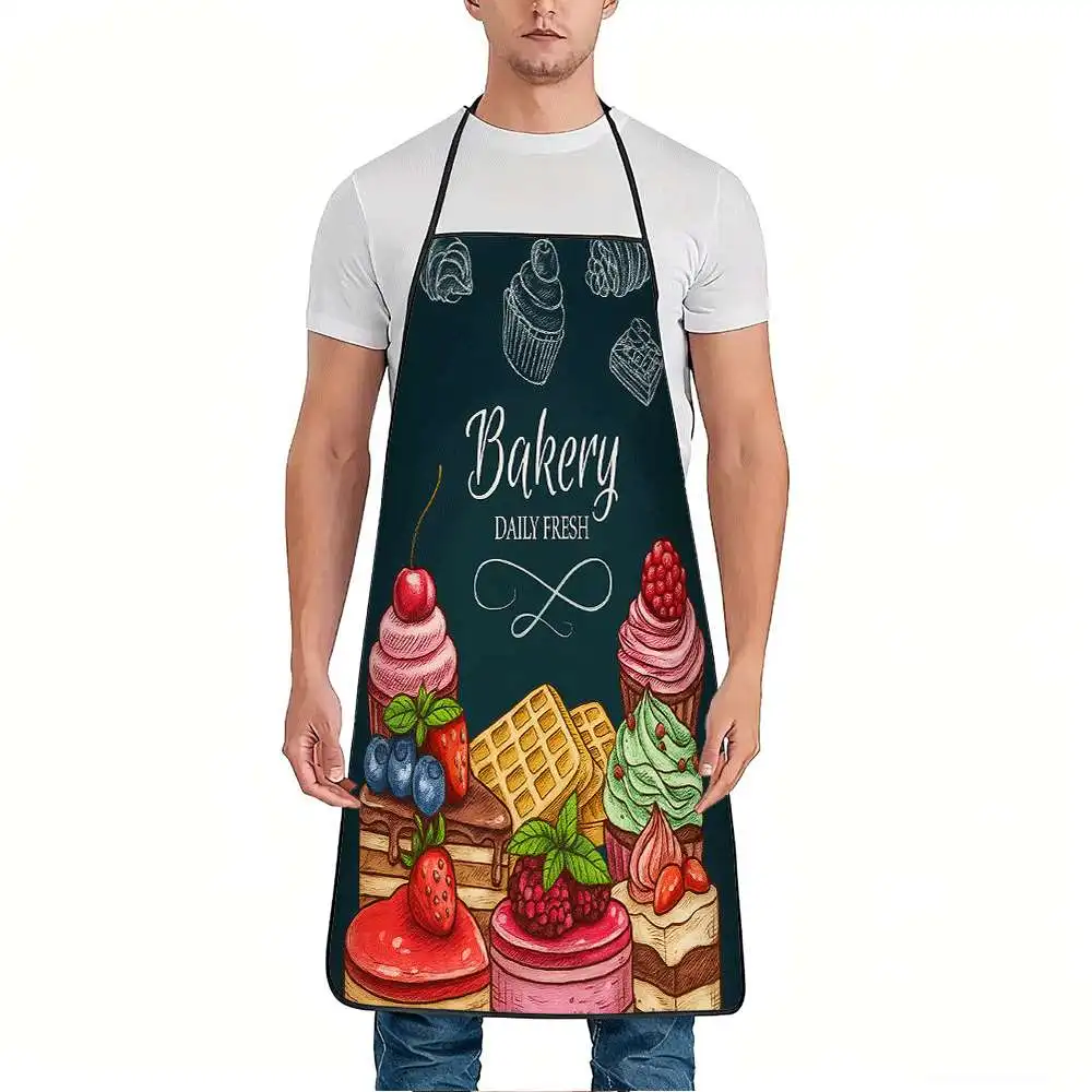 1pc Bakery Daily Fresh Print Apron with Baker-Themed Pastry Design, Adjustable Waistband & Durable Easy-Clean Polyester