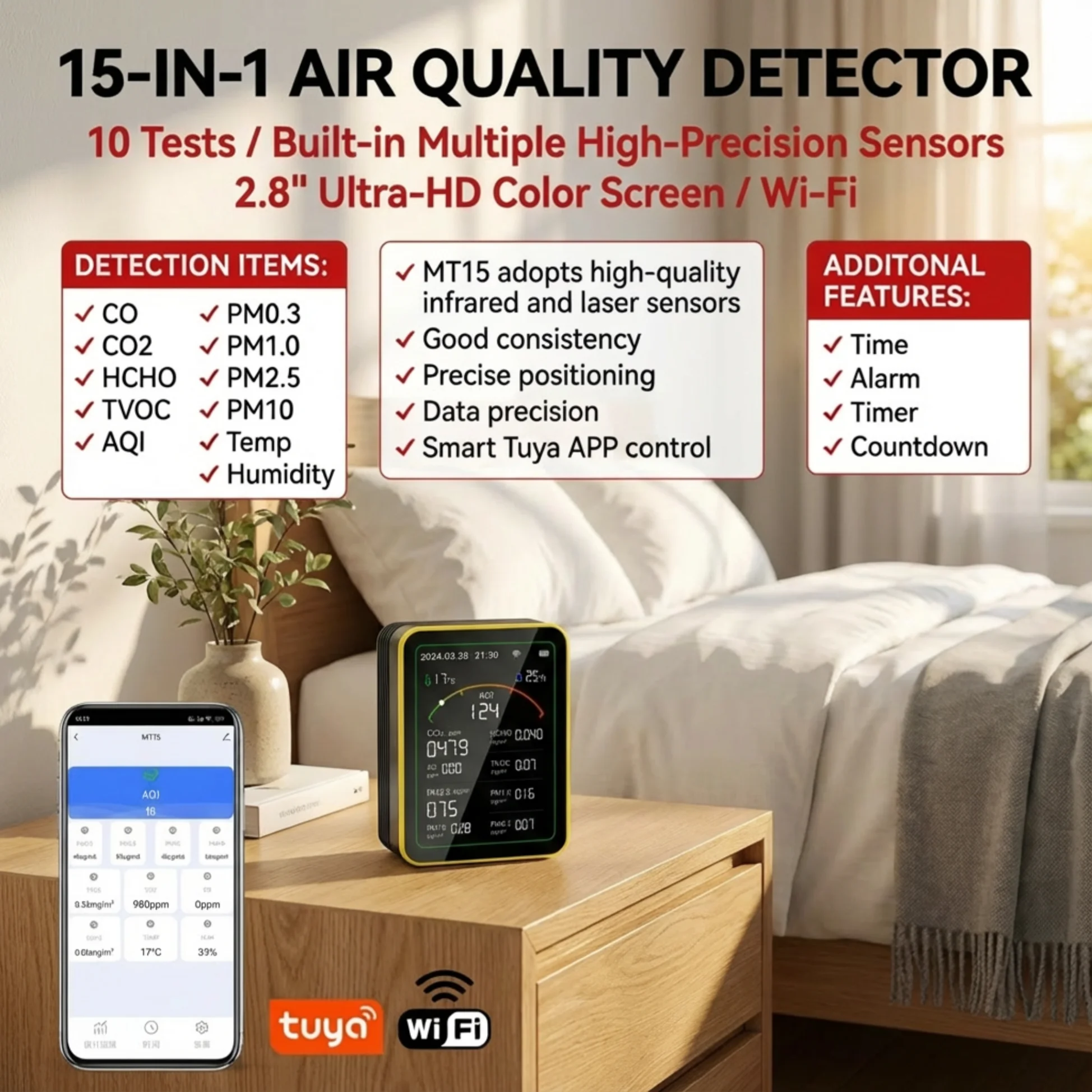 

home Tuya WiFi air quality monitor 15 in 1 gas detector USB Rechargeable AQI PM2.5 CO co2 sensor meter 이산화탄소 경보기