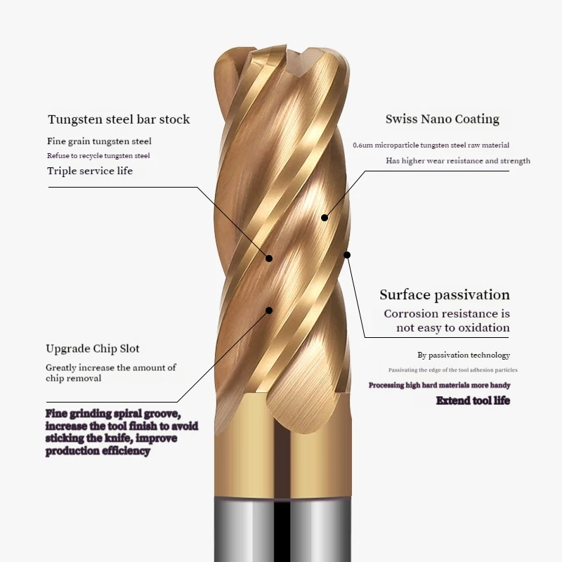 Tungsten Carbide Bull Nose End Mill 4Flutes CNC Milling Cutter R0 5 R1 R2 R HRC62 Corner Radius for Metal