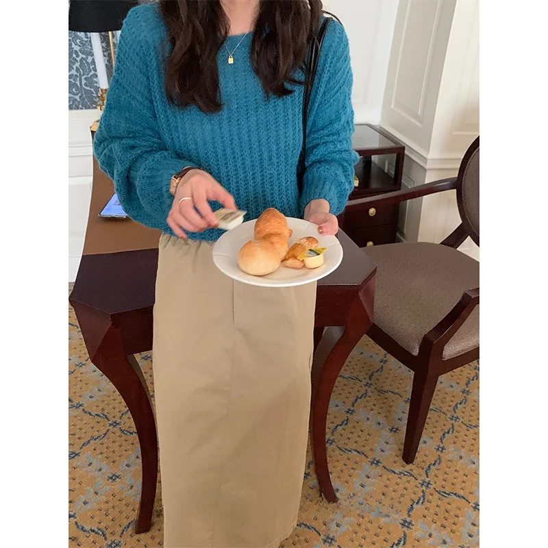 

PiJiUu Blue Oversized Women's Knitwear Autumn Winter New Sle Comfortable Soft Cozy Outerwear round Ne Long Sve Sweater