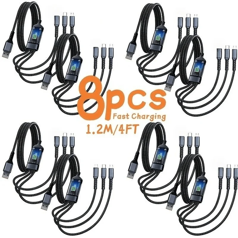 1/4/8pcs 1.2m/4ft 3in 1 Fast Charging Cable USB Charger Cord with Type-C, Micro USB, IP Port Compatible with Multiple Devices Multi Port Multiple Charging Wire, Necessary for Family, Travel And Office