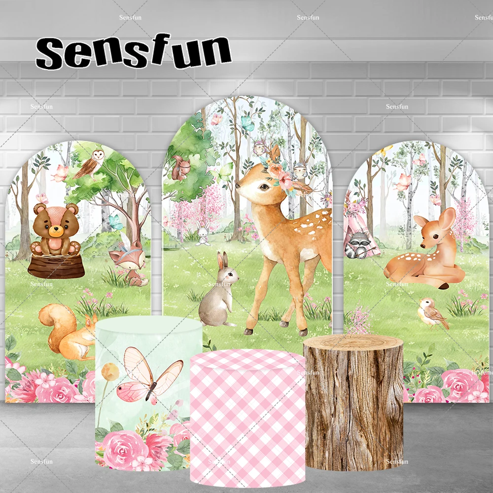 Girls Bambi Theme Chiara Arch Backdrop for Photography Kids Woodland Birthday Party Backgrounds Wood Butterfly Pedestal Covers