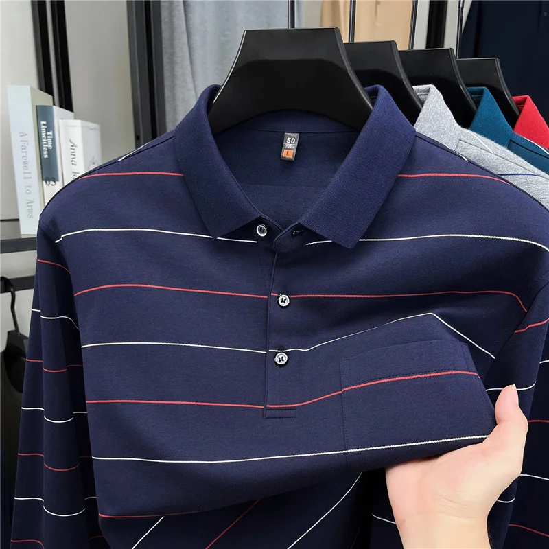 High Quality striped long sleeve polo shirt men's new comfort pocket design spring autumn luxury fashion business casual T-shirt