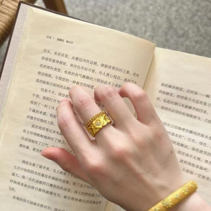 Gorgeous art Rose rings for women Vintage Stacking Style Chain Design flower Wide Ring Banquet Jewelry Gift Adjustable opening
