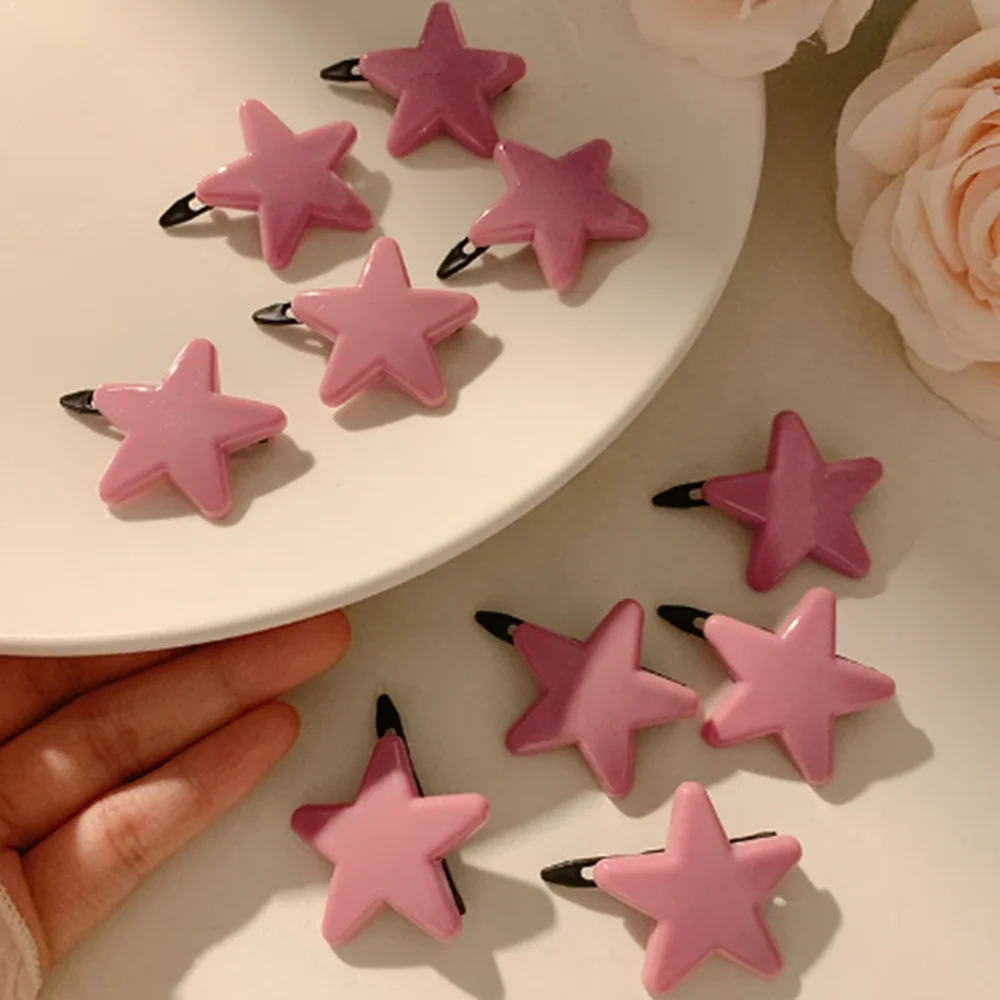 Super Cute Pink Beige Heart-shaped Pentagram Hair Clip for Women Sweet Cool Stars Side Hairpin Simple Lovely Korean Accessories