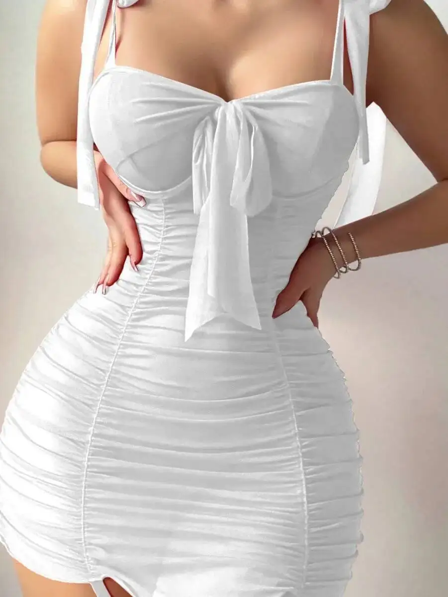Sexy Bowknot Solid Color Dress Women's Thigh Black Silk Wrap Hip For Women Backless Deep V Suspenders Sleeveless Mini Dress BAUF - Image 3