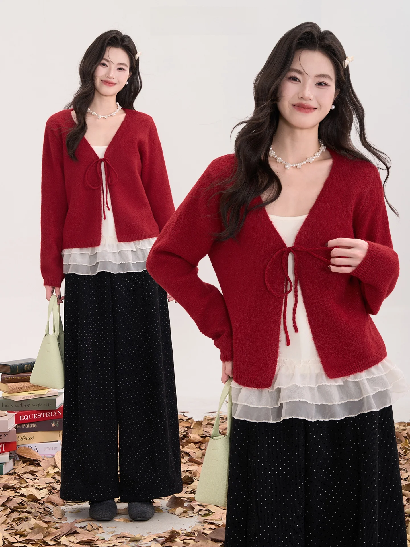 

Heme Early Spring Red Open Cardigan Sweater with Lace Trim Women's Casual Loose Fit Online Exclusive Spring 2026 Faion
