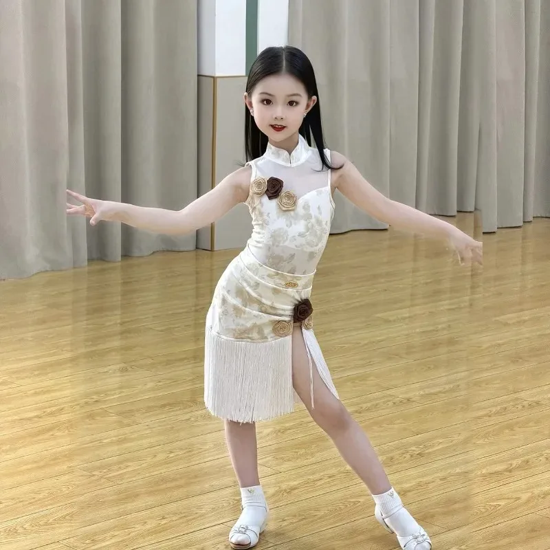 Latin Dance Outfit 2026 New Chinese Style White Cheongsam with Tassel Skirt Practice Competition Performance Dancewear Costume